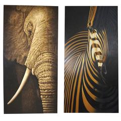 Contemporary Italian Life Size Oil Paintings Panels of Elephant and Zebra 9