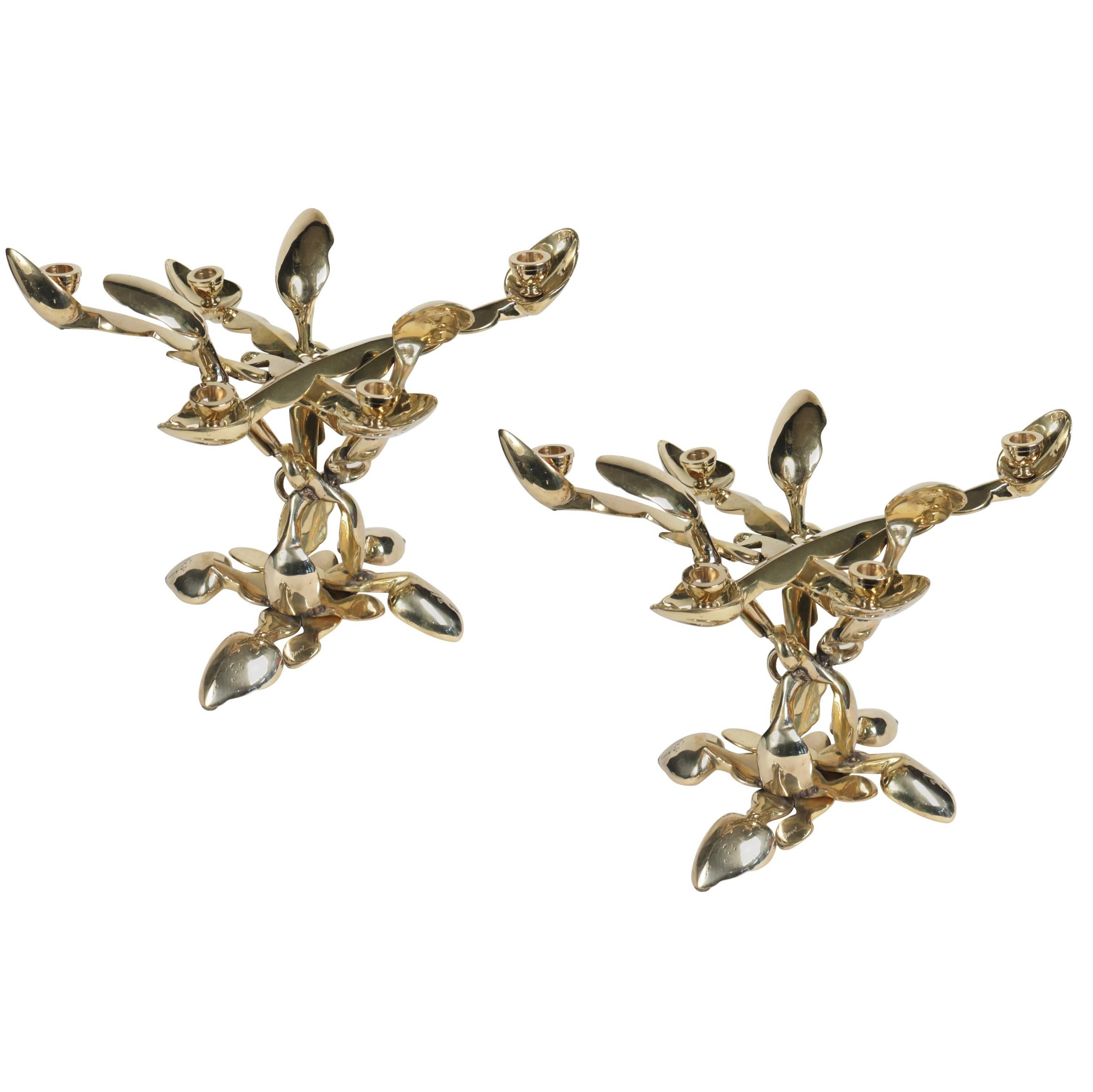 Arman Pair of African Spoon Gilded Bronze Candlesticks For Sale