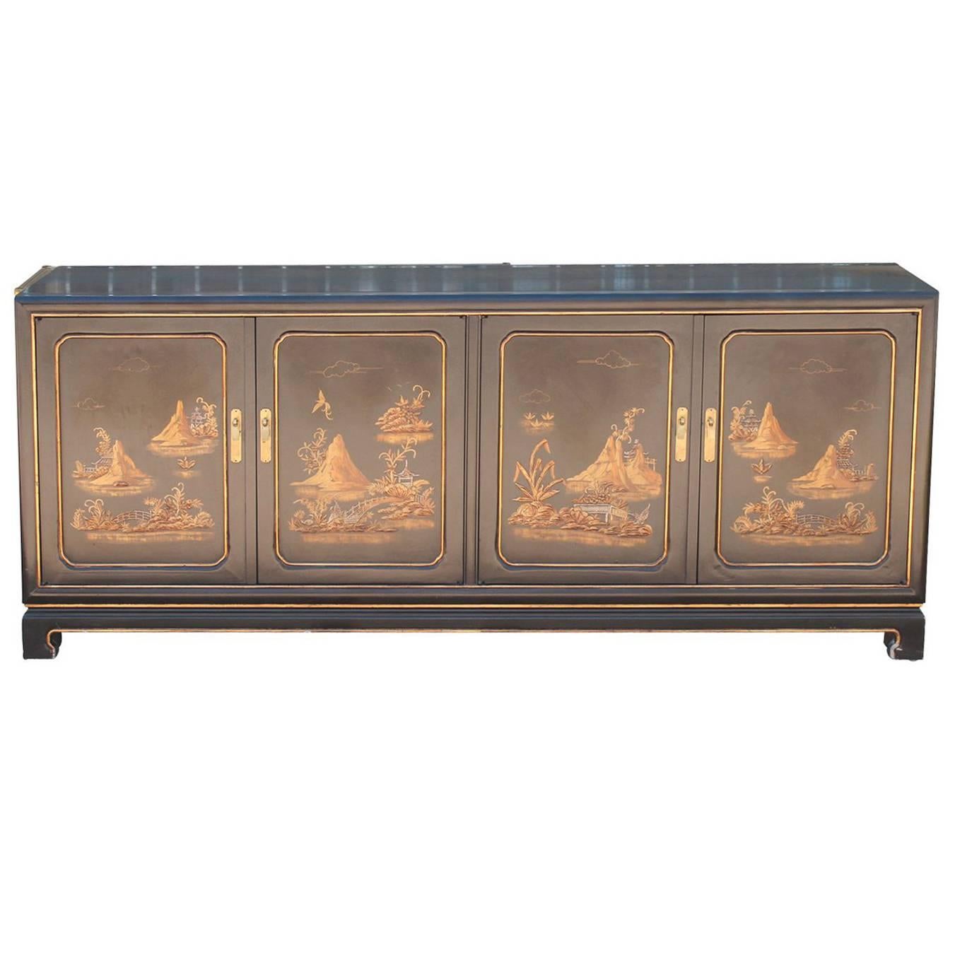 John Widdicomb Asian Modern Cabinet or Sideboard, Buffet Gold Relief