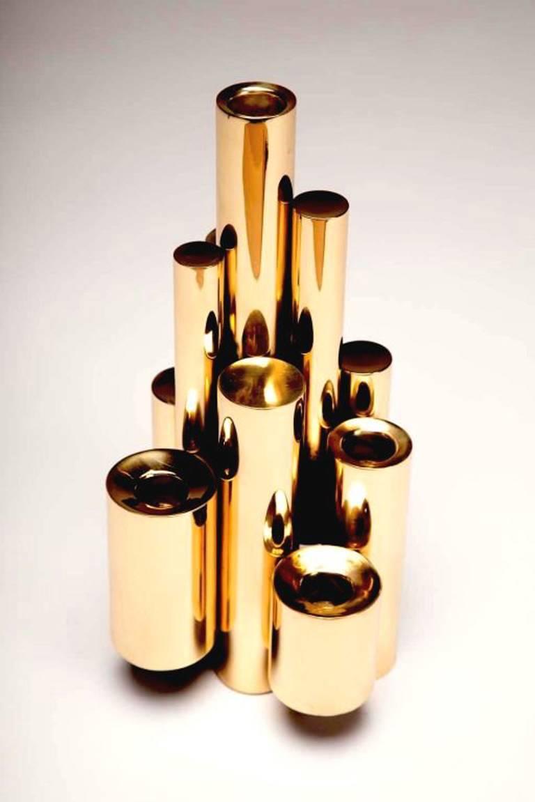 Mid-Century Modern Gio Ponti Style Modernist Brass Stacked Tubular Candlesticks