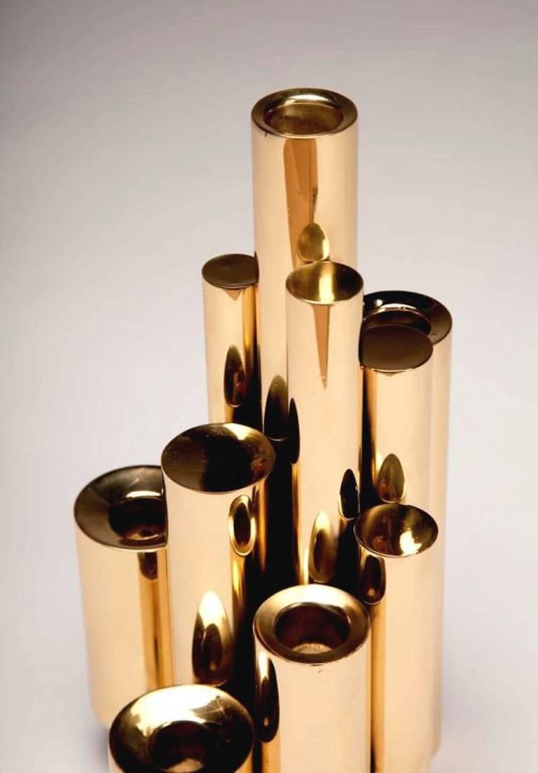 European Gio Ponti Style Modernist Brass Stacked Tubular Candlesticks