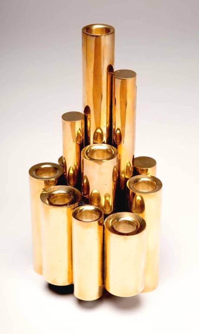 Gio Ponti Style Modernist Brass Stacked Tubular Candlesticks In Excellent Condition In New York, NY