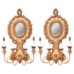 Large Pair of Italian Carved Wood and Iron Painted Sconces with Center Mirror 3