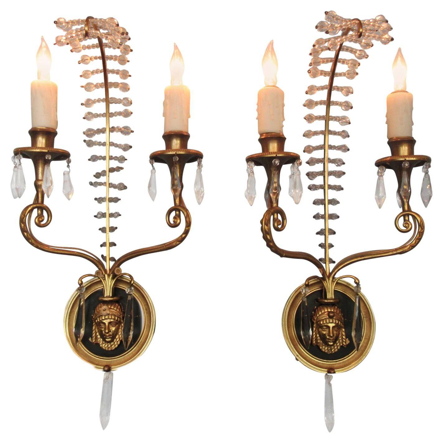 Early 20th Century Italian Egyptian Bronze and Crystal Sconces For Sale