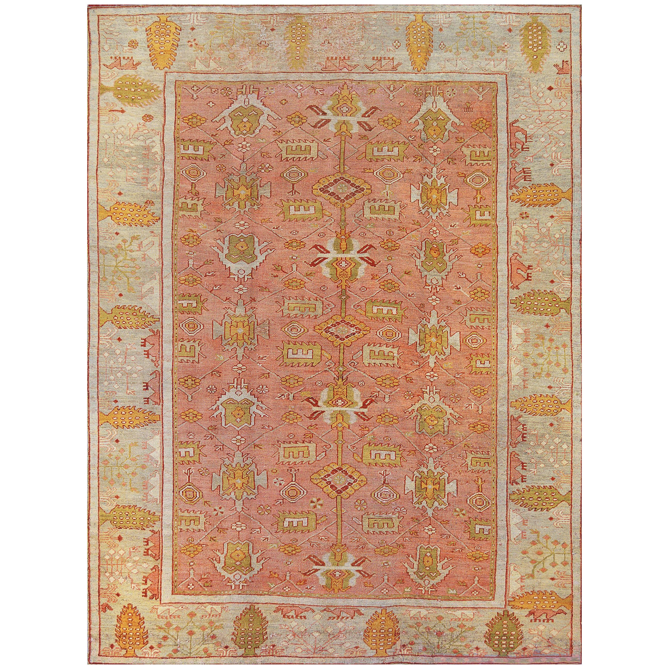 Hand-Woven Turkish Late 19th Century Wool Oushak Rug  For Sale
