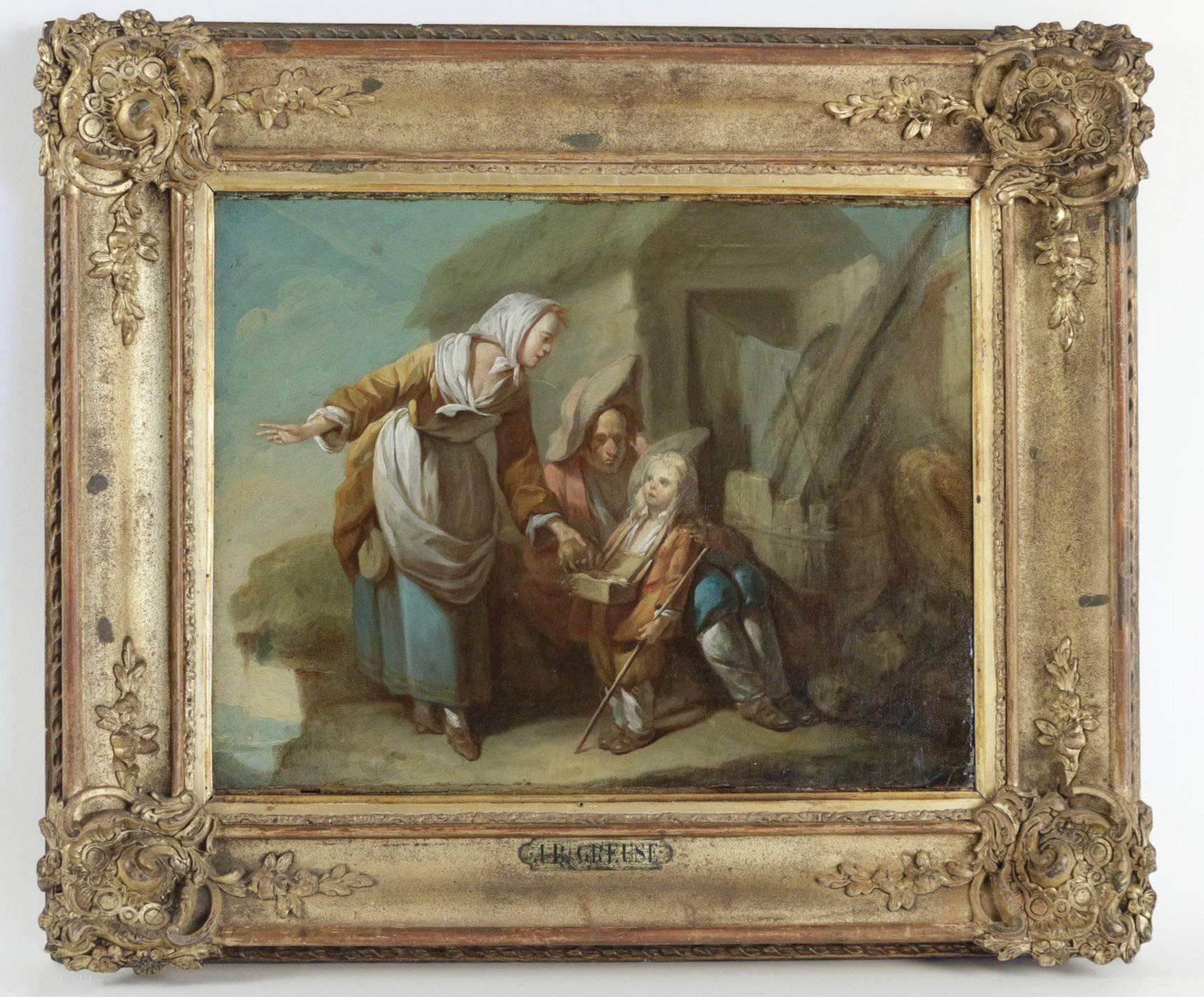 Very fine quality on this charming painting. It depicts ''The Departure'' in the manner of a French drawing by Jean Baptiste Greuze made in 1770 ''The Departure From Barcelonnette''.

French school, Romantic period, late 18th century in the manner