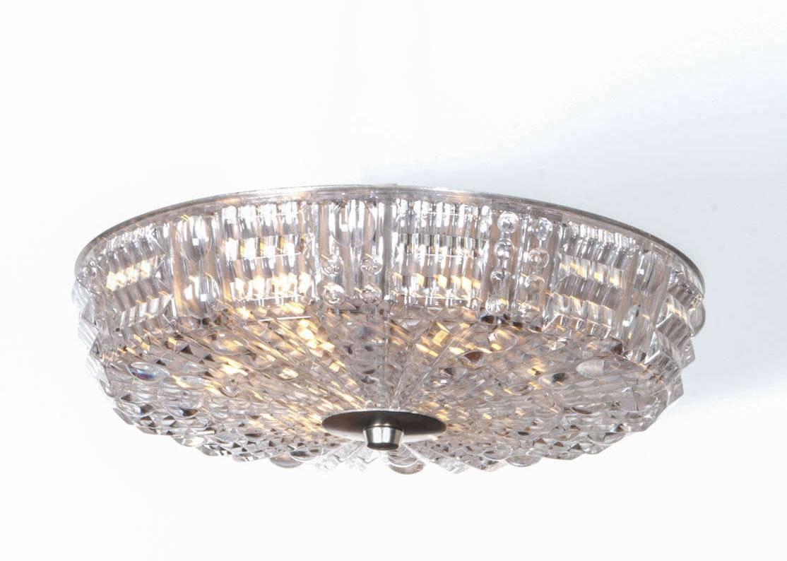 Carl Fagerlund for Orrefors crystal faceted flush mount with satin nickel backplate and hardware. Fixture houses 6 sockets, rewired for use in the USA.