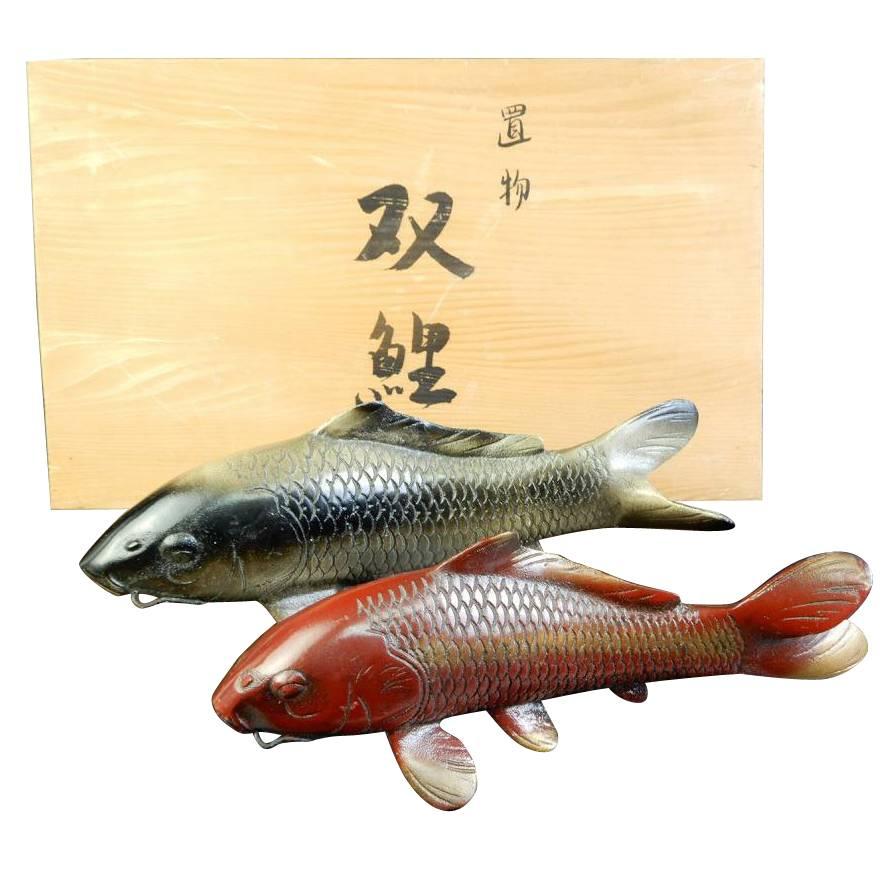 Japanese Antique Finely Cast Bronze Pair of Koi Signed, Mint and Boxed