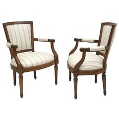 Pair of 18th Century Italian Walnut Armchairs Upholstered in Striped Linen