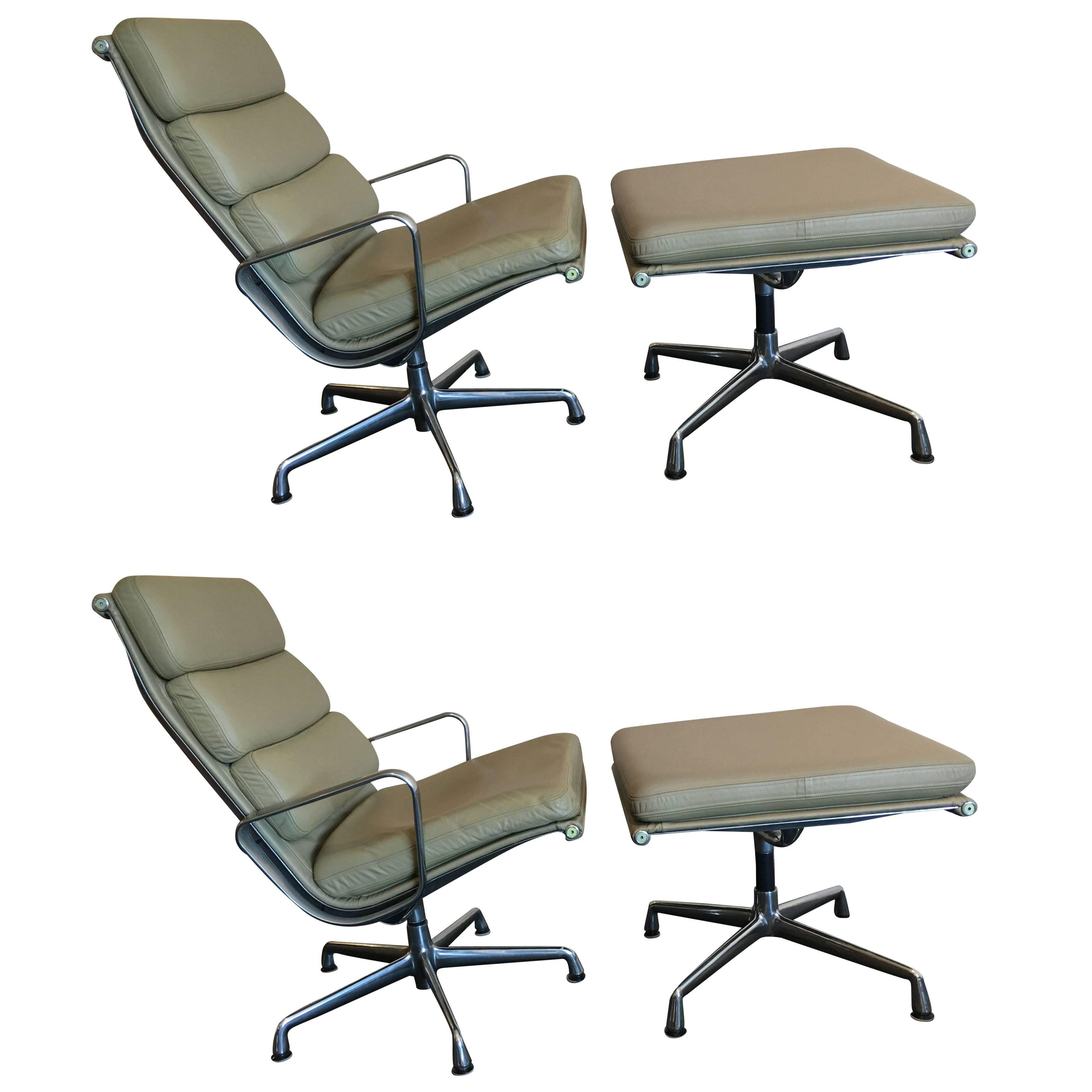 Eames Soft Pad Aluminium Group Lounge Chairs with Ottomans, Pair, Herman Miller