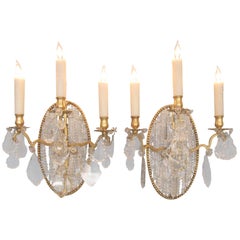 Antique Pair of Early 19th Century Italian Neoclassical Crystal Medallion Back Sconces