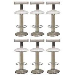 Designs for Leisure Bar Stools Nickel Steel Silver Upholstery, USA, 1980s