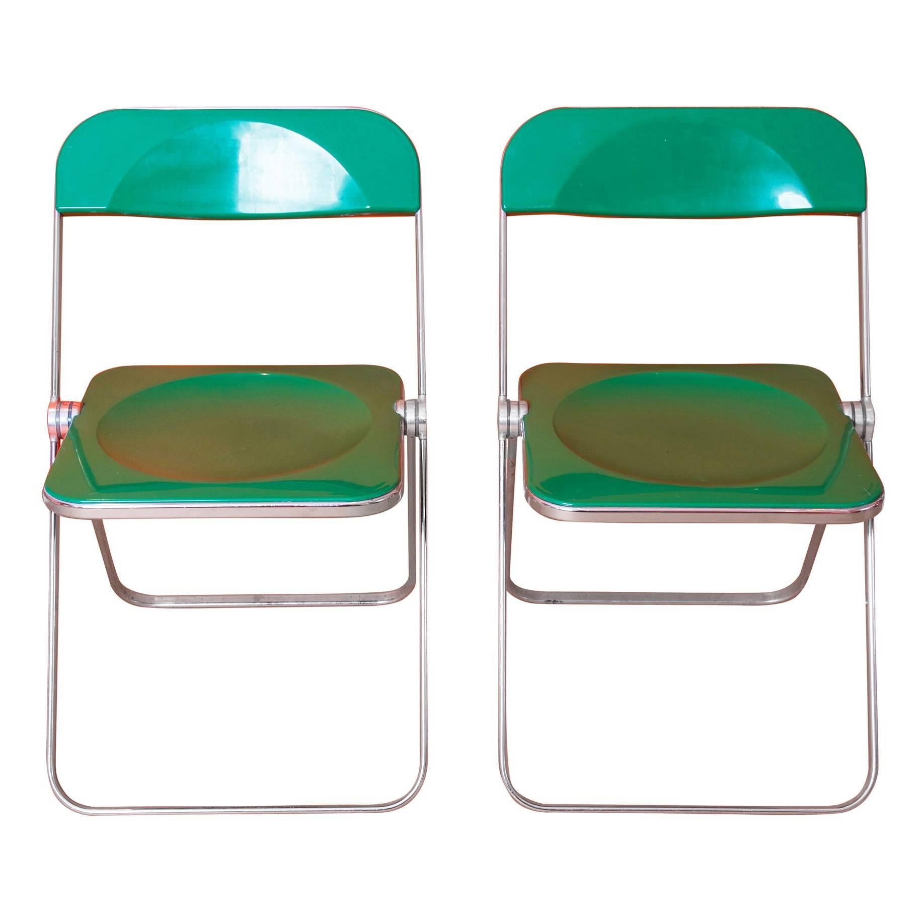 Giancarlo Piretti, Rare Pair of Green 'Plia' Folding Chairs
