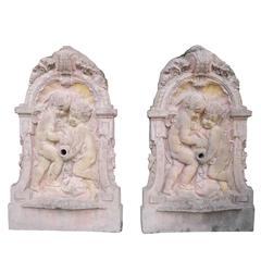 Vintage Pair of Flat Cast Stone Wall Fountains from France