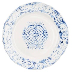 Hand-Printed Blue and White Tribal Dinner Plates, Set of Four