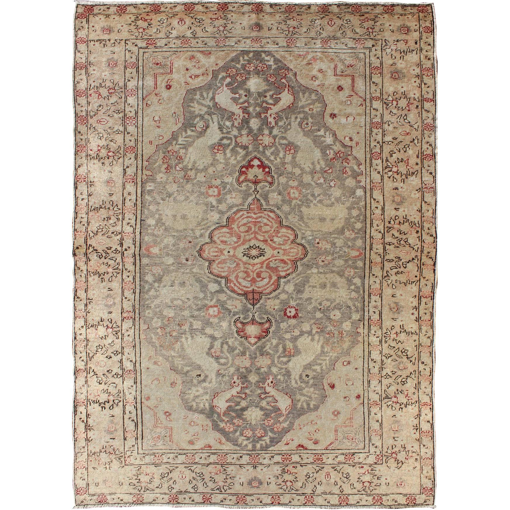 Fine Turkish Oushak Carpet with Floral Motifs in Cream, Pink & Red on Gray Field