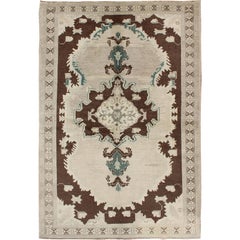 Turkish Oushak Vintage Carpet with Cross-Shaped Medallions in Ivory & Chocolate