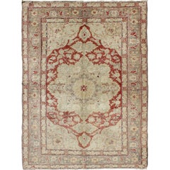 Vintage Fine Turkish Oushak Carpet with Center Medallion in Light Red and Cream