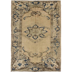 Muted Turkish Oushak Carpet with Ornate Florals in Cream, Tan and Sapphire Blue