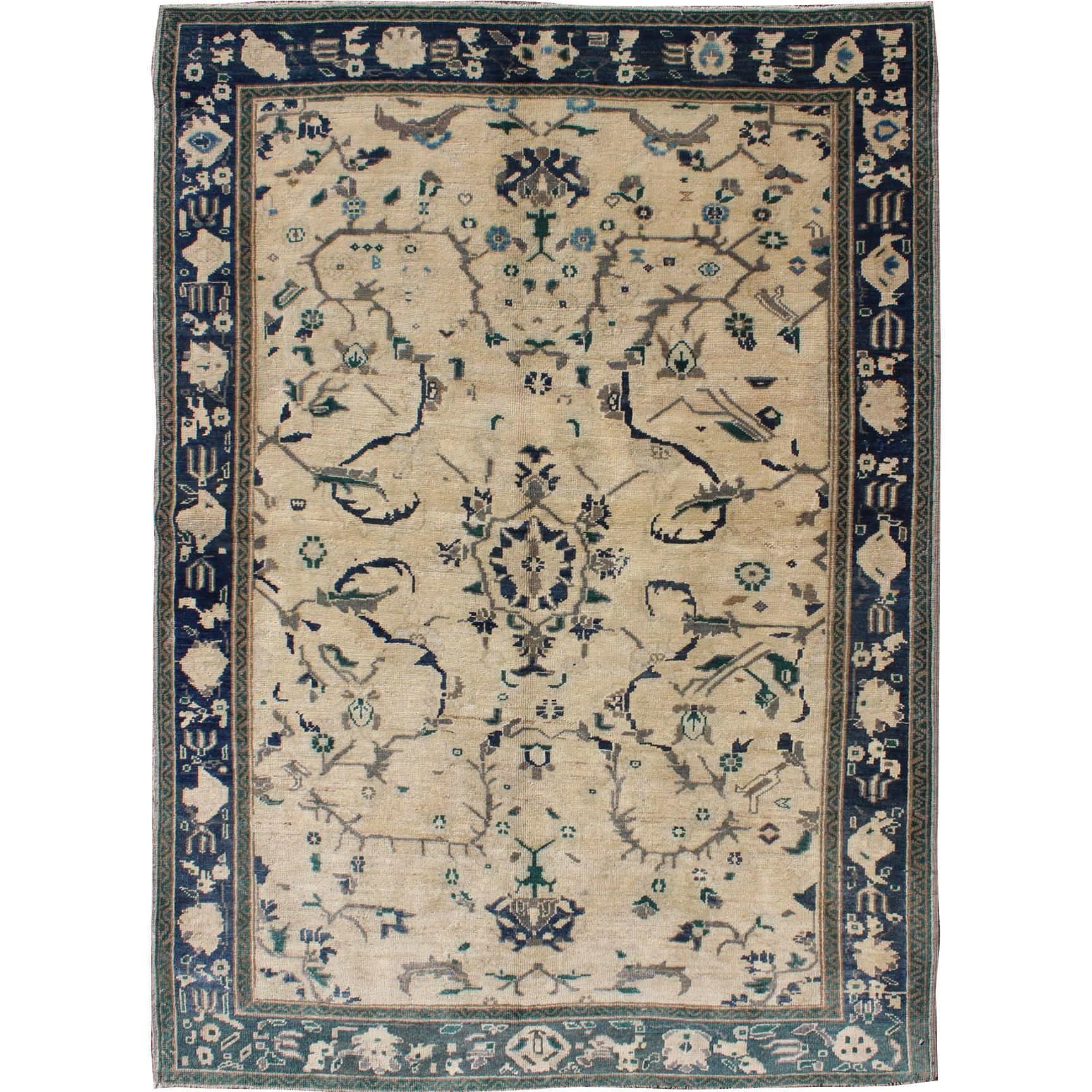 Vintage Turkish Oushak Rug with Vining Florals in Cream and Sapphire Blue For Sale