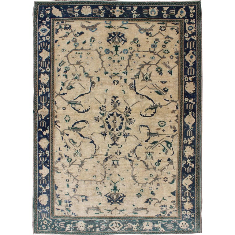 Vintage Turkish Oushak Rug with Vining Florals in Cream and Sapphire