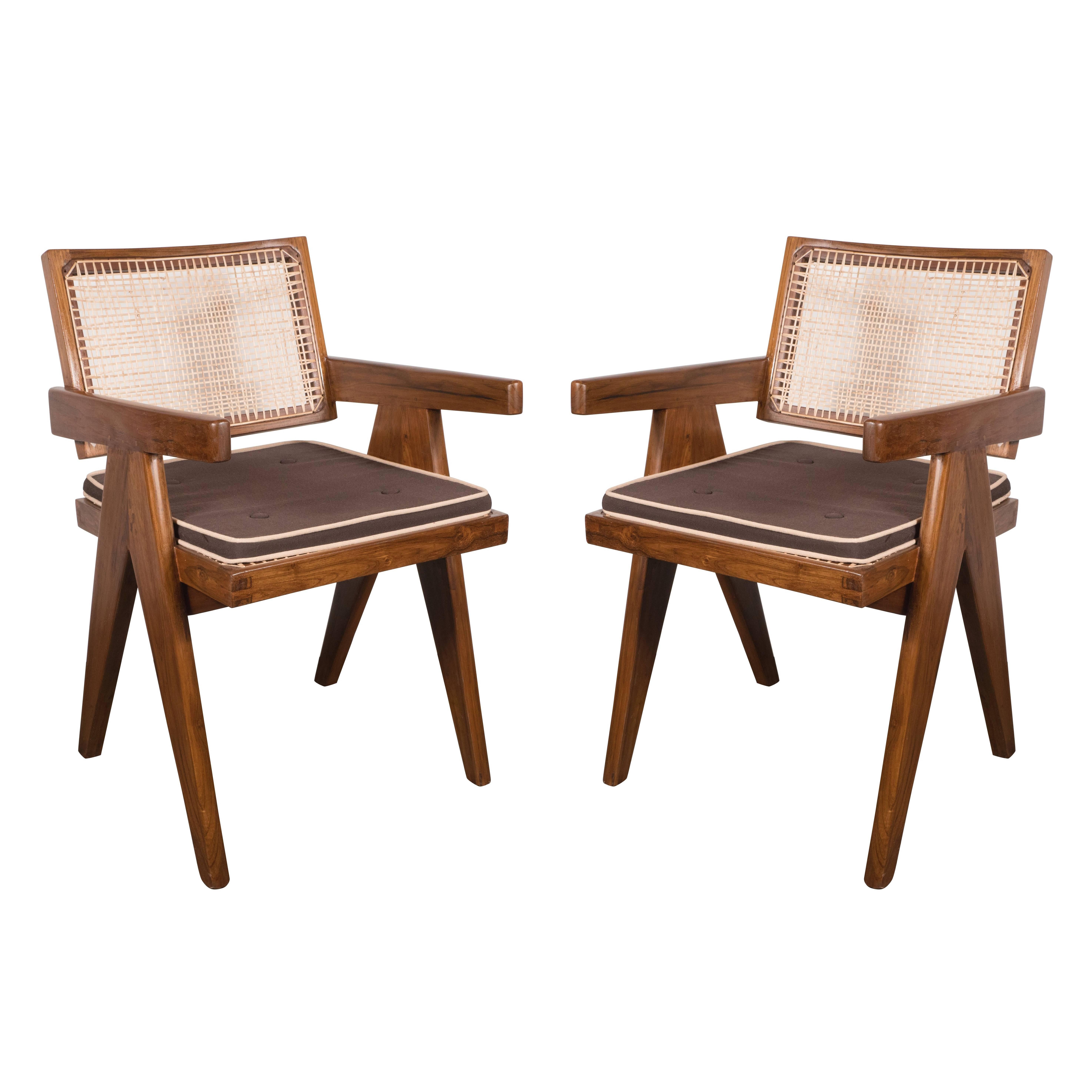 Pair of Armchairs in Teak, Caning and Upholstery by Pierre Jeanneret