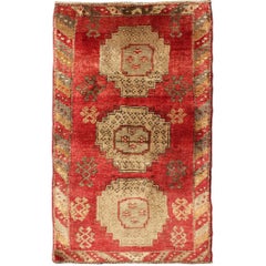 Vintage Turkish Oushak Carpet with Geometric Medallions in Camel, Tan and Red