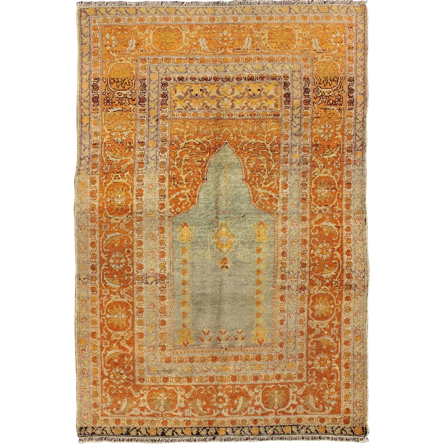 Antique Turkish Sivas Carpet with Prayer Design in Light Silver and Copper