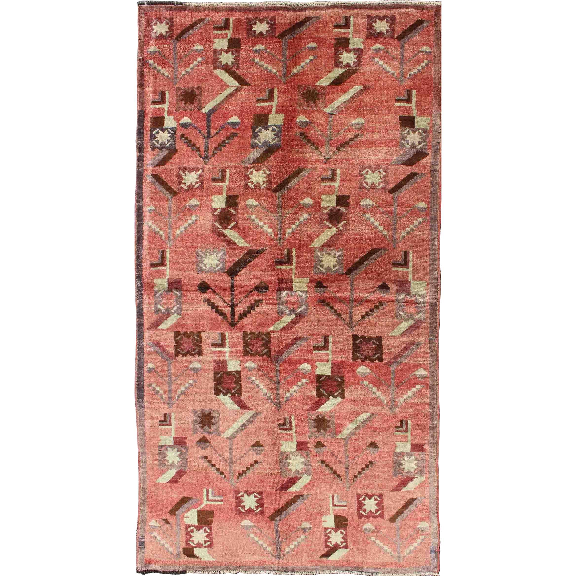 Turkish Oushak Vintage Carpet with Tribal Figures Set soft Red Pink Background