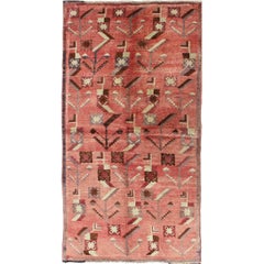 Turkish Oushak Retro Carpet with Tribal Figures Set soft Red Pink Background