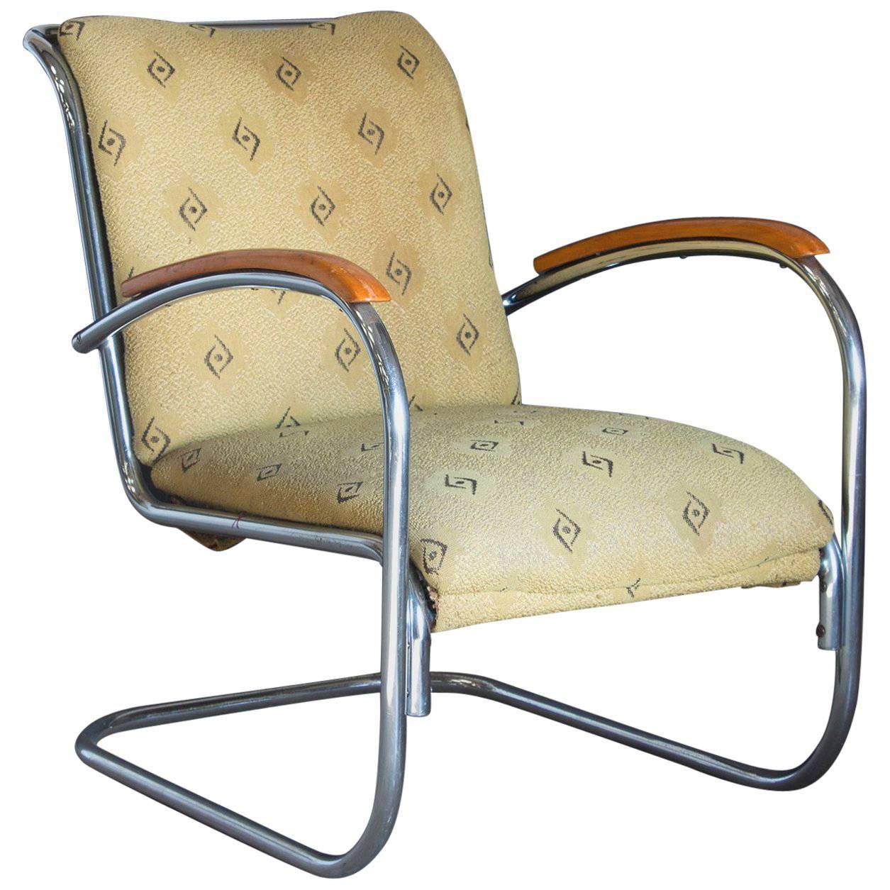 Fauteuil tubulaire original, ancien fauteuil vintage avec tissu d'origine, vers 1930