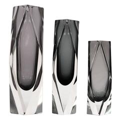 Set of Three Faceted Murano Sommerso Vases in Smokey Grey 1