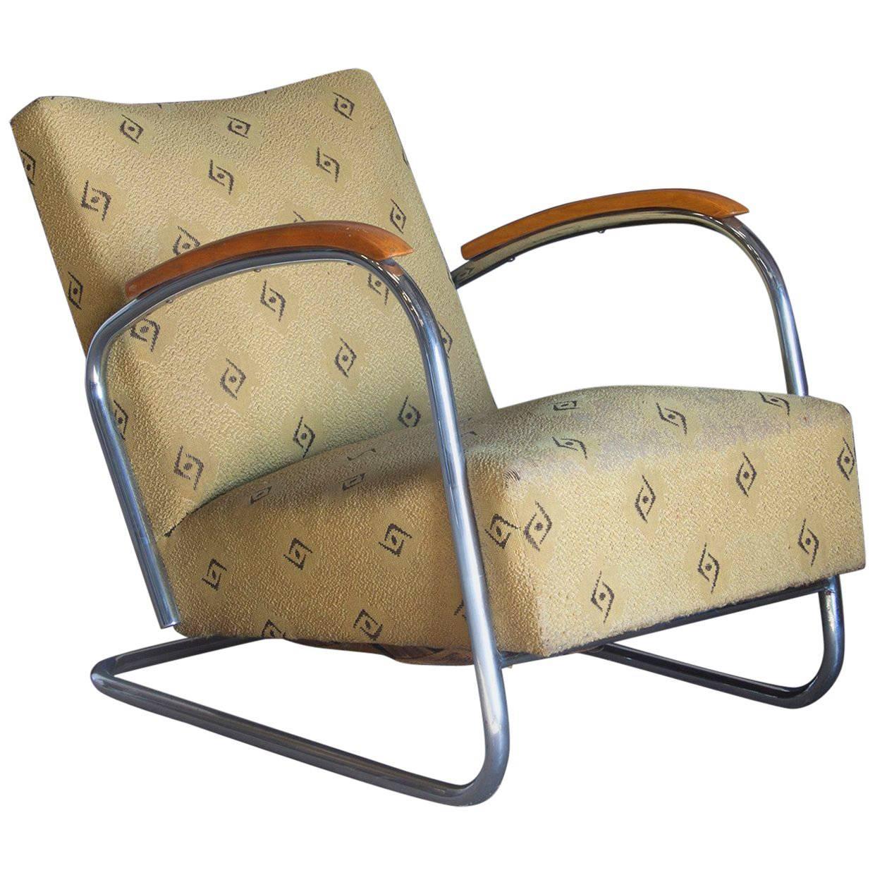 Fauteuil tubulaire original, ancien fauteuil vintage avec tissu d'origine, vers 1930