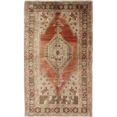 Vintage Oushak Rug With Geometric Motifs in Terracotta, Green and Tan