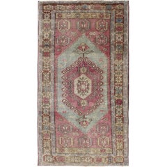 Vintage Oushak Carpet with Geometric Medallion in Faint Purple and Light Blue