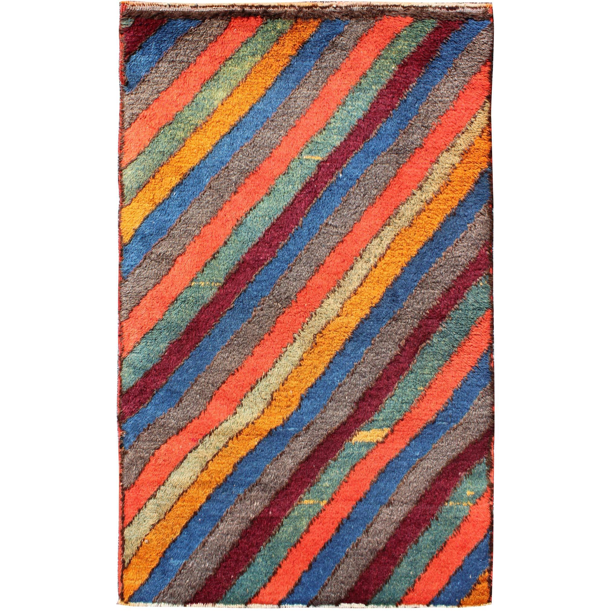 Colorful Vintage Turkish Tulu Rug with Horizontal Stripes & Fine Wool For Sale