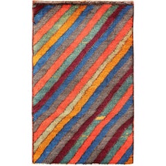 Colorful Retro Turkish Tulu Rug with Horizontal Stripes & Fine Wool