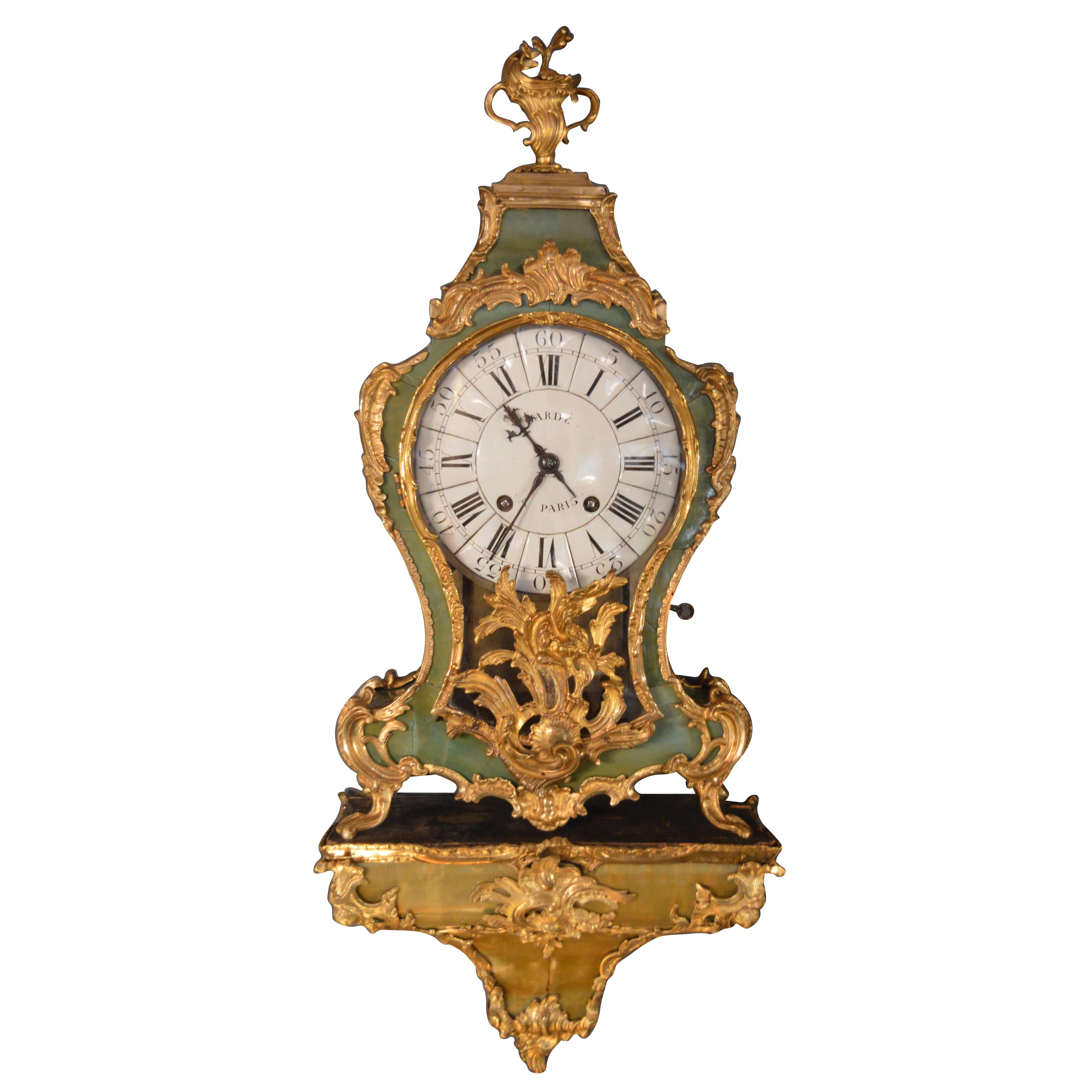 19th Century Green Tortoise Shell Gilt Clock with Paired Base