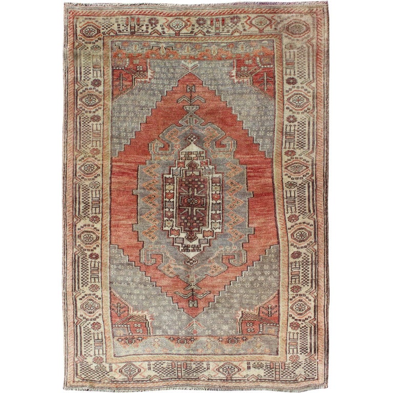 Vintage Turkish Oushak Rug with GeometricTribal Motifs in Redorange