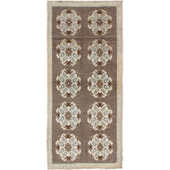 Tribal Turkish Oushak Carpet with Floral Medallions in Taupe, Ivory and Blue