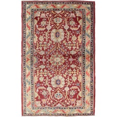 Colorful Turkish Oushak Carpet with Scattered Vines and Flowers on a Red Field