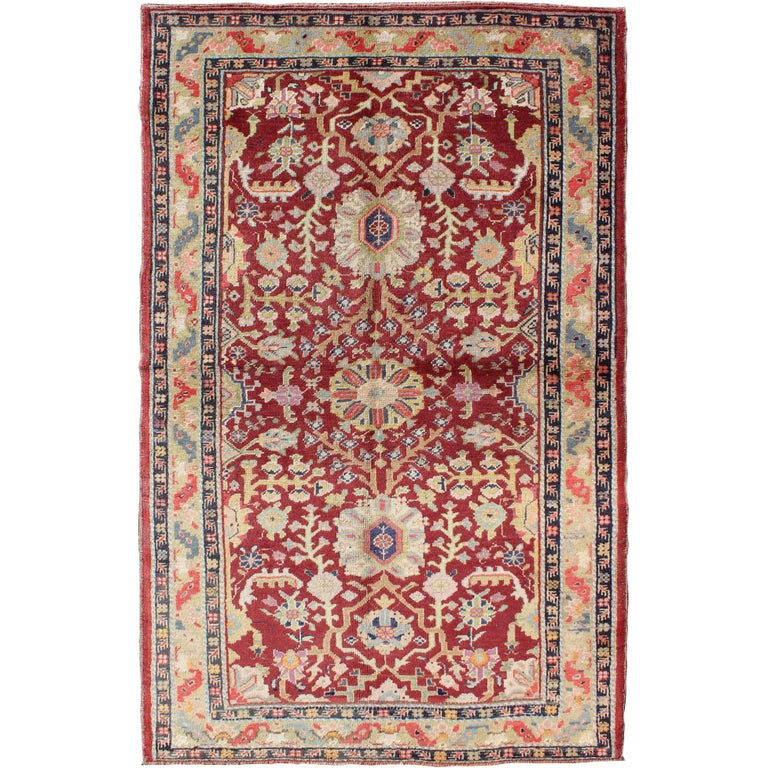 Modern Turkish Oushak Rug with Flower Details in Red and Navy on Ivory  Field For Sale at 1stDibs
