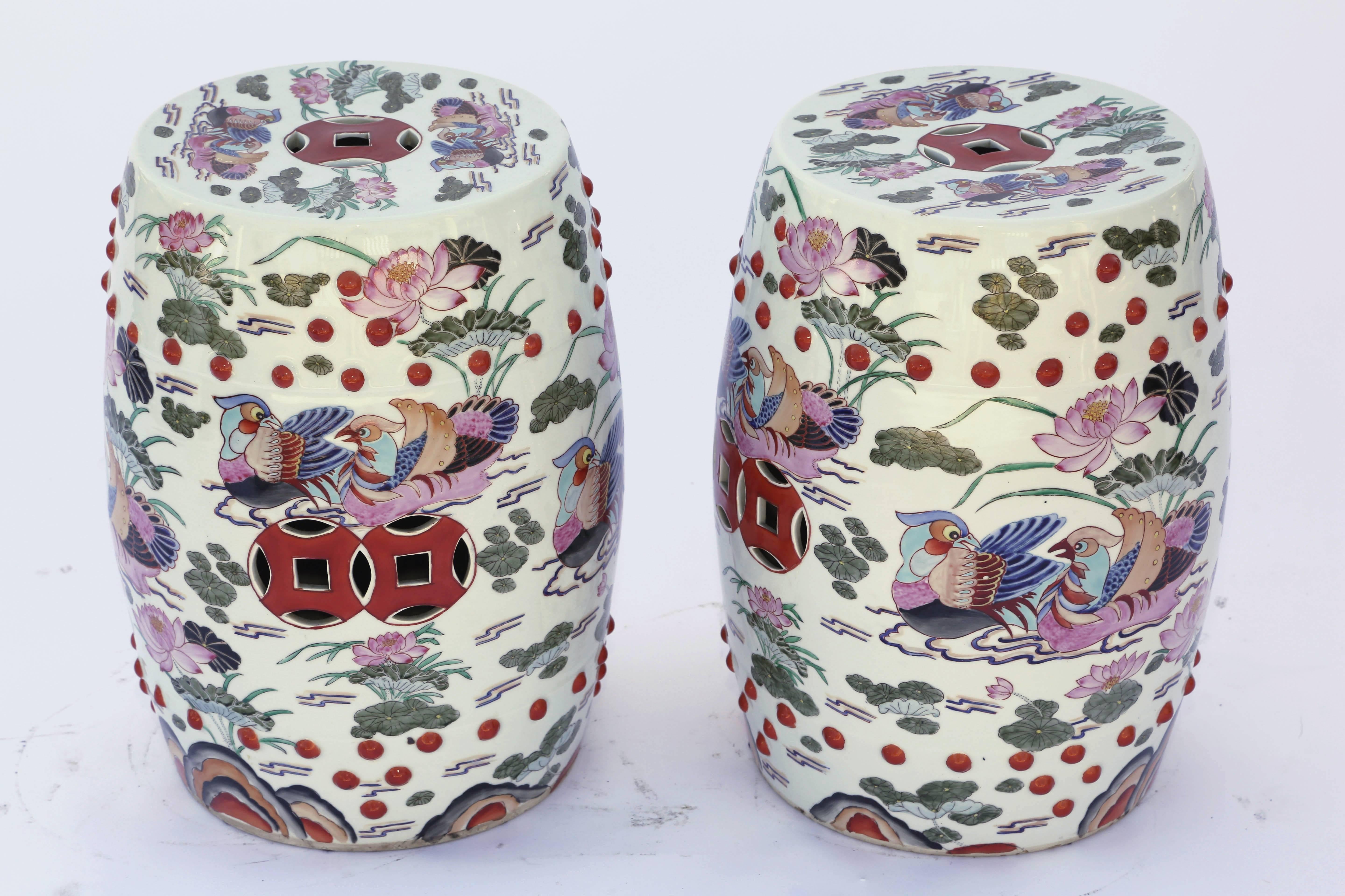 Pair of Hand-Painted Chinese Porcelain Drum Stools 1