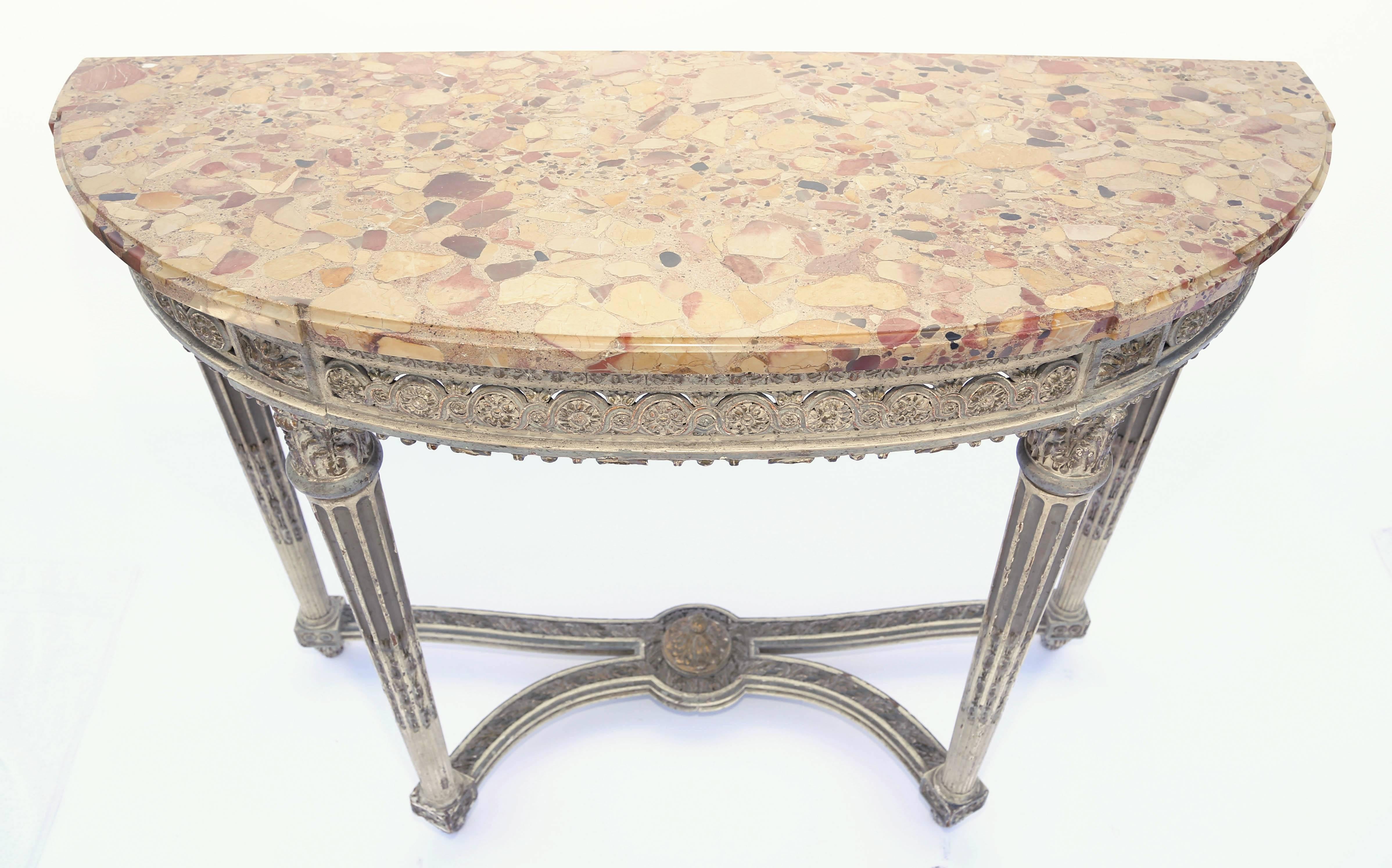 Wood Louis XVI Painted Demilune with Breche d'Alep Marble Top