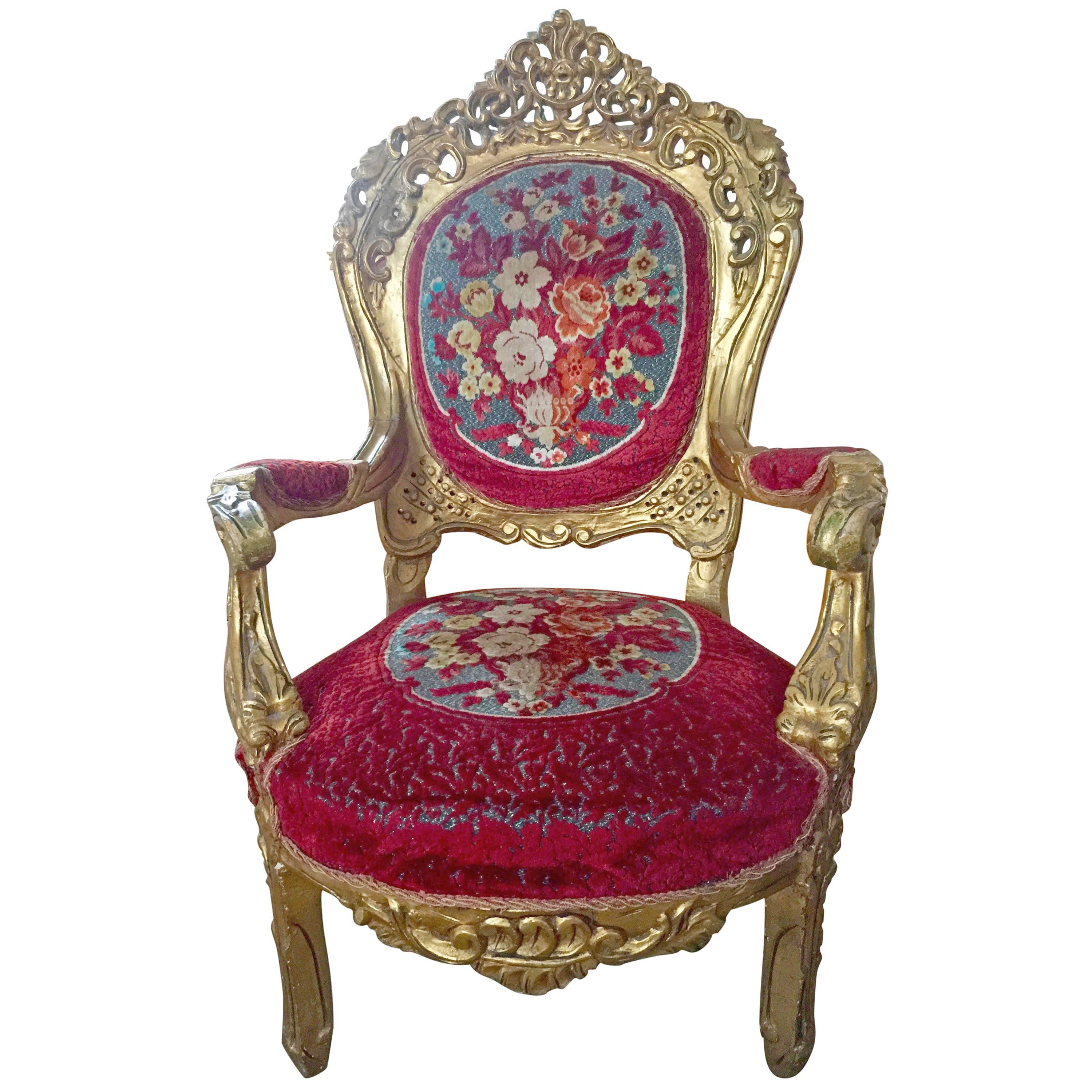 Original French 18th Century Hand Carved Giltwood Rococo Armchair For Sale