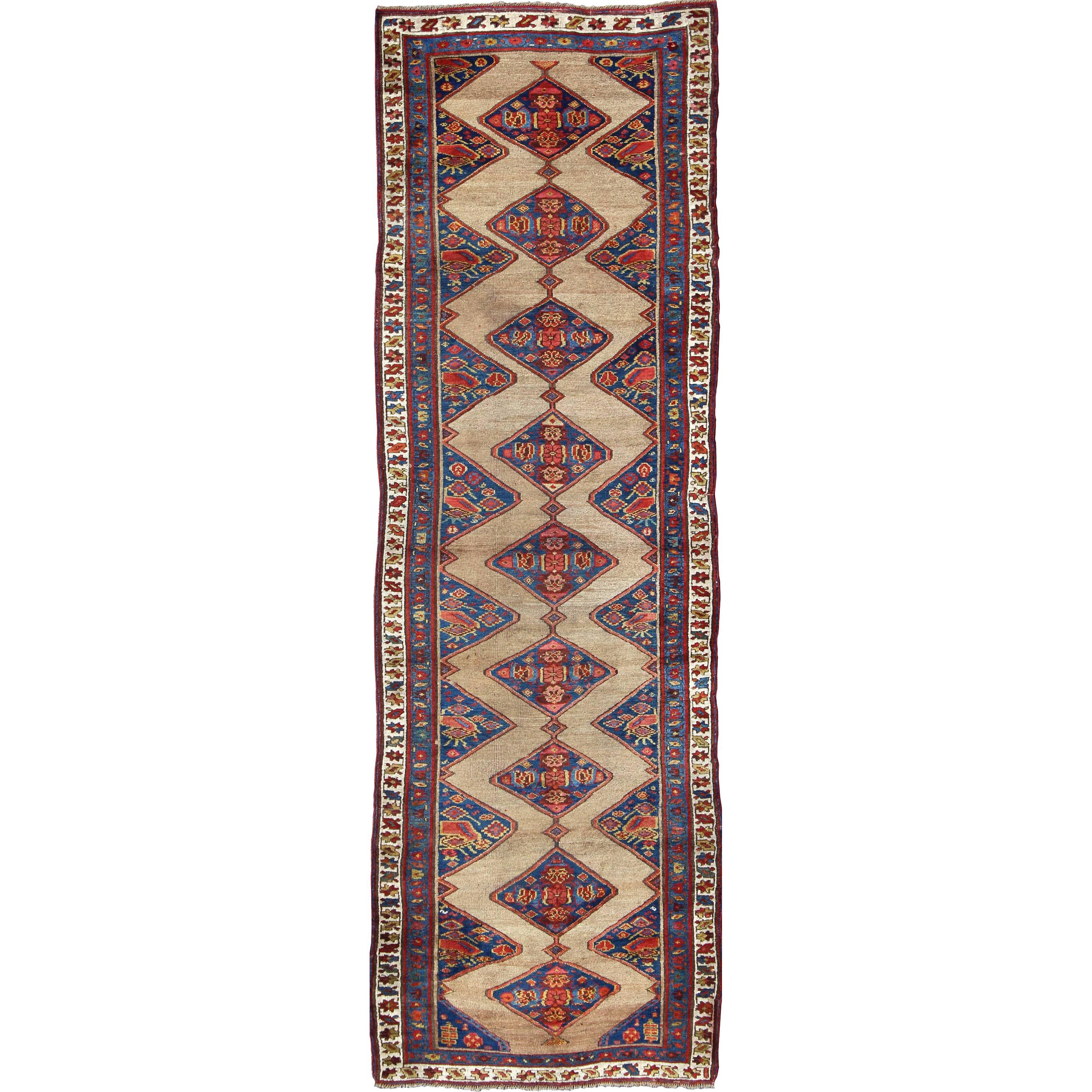 Colorful Long Antique Persian Serab Runner with Camel, Blue, Red and Brown For Sale