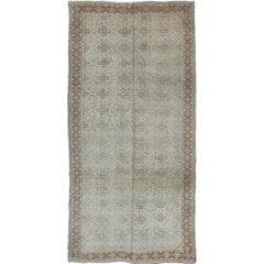 Vintage Turkish Oushak Rug with Gray and White Floral Design & Geometric Border