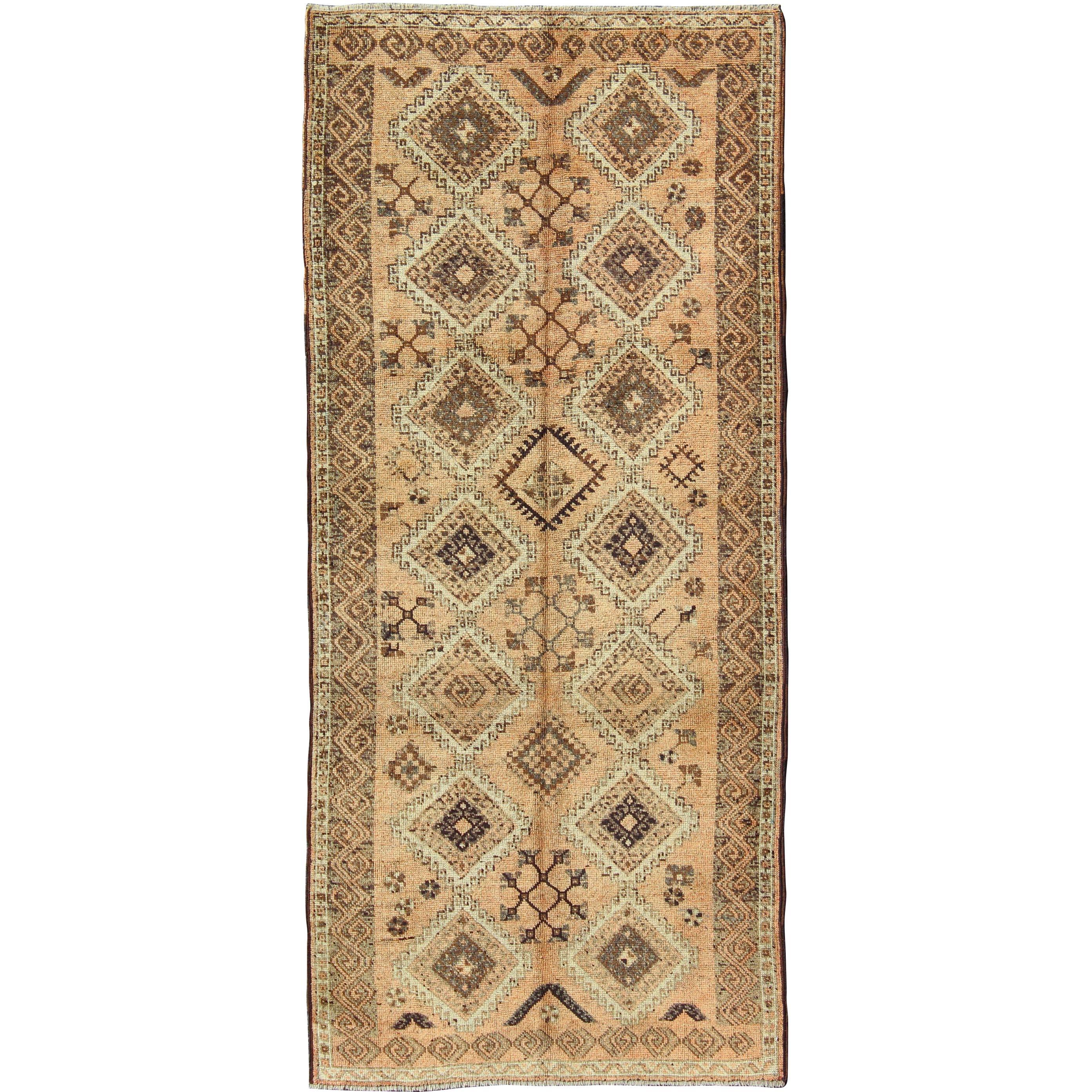 Vintage Tribal Turkish wide runner with Repeating Diamond & Geometric Motifs For Sale
