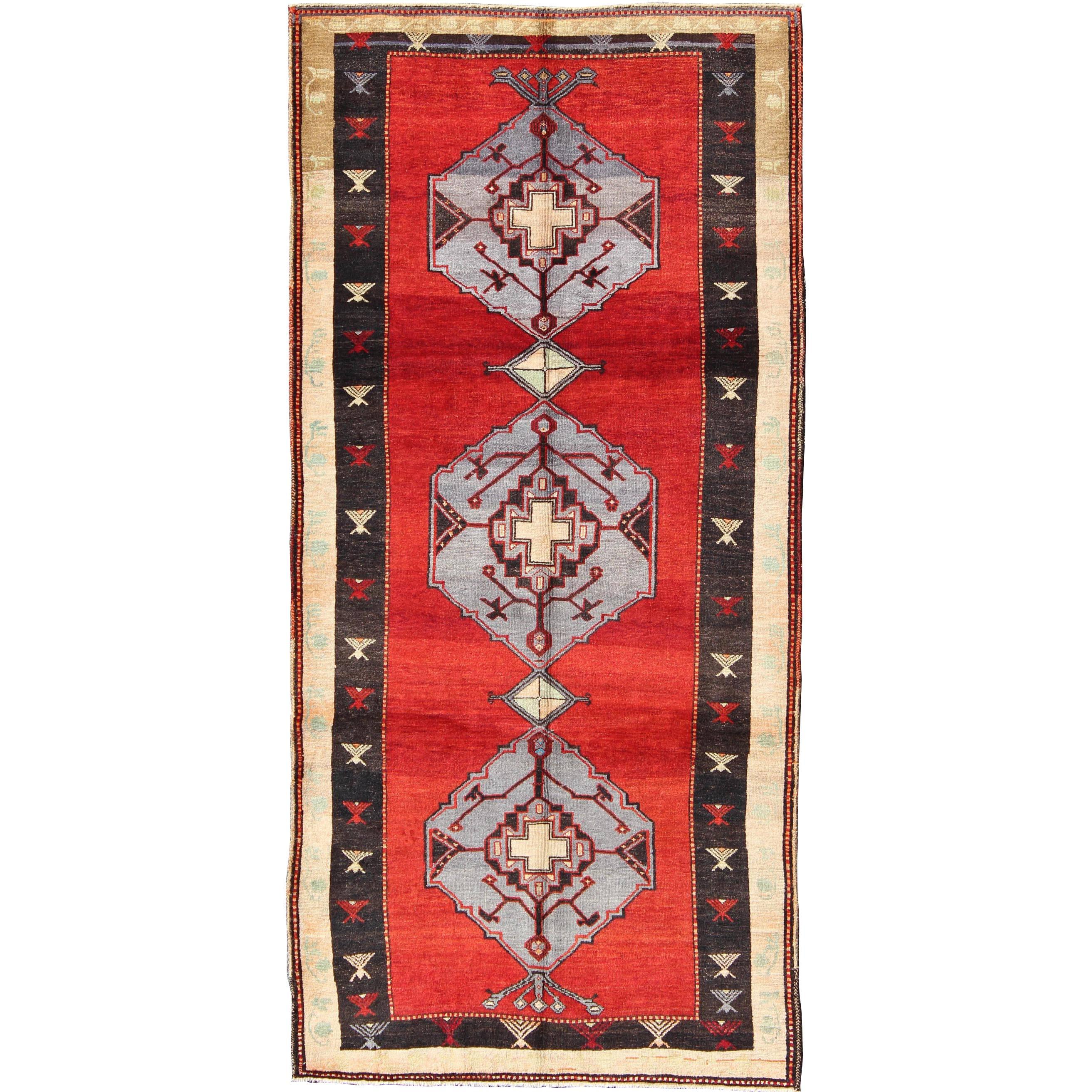 Vintage Turkish Rug With Multi-Layered Diamond Medallions in Beautiful Red For Sale