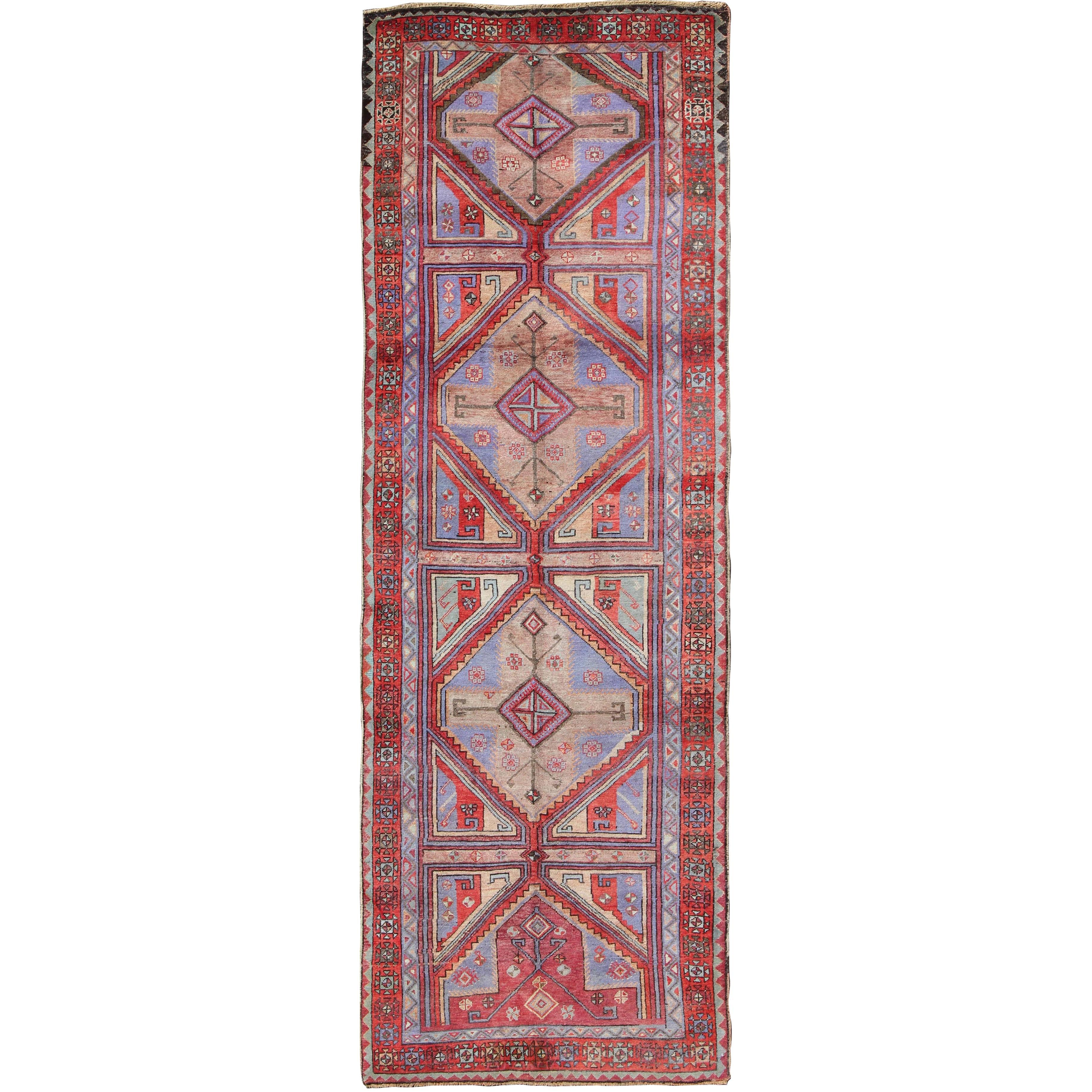 Vivid and Colorful Oushak Runner with Repeating Diamond Medallions For Sale